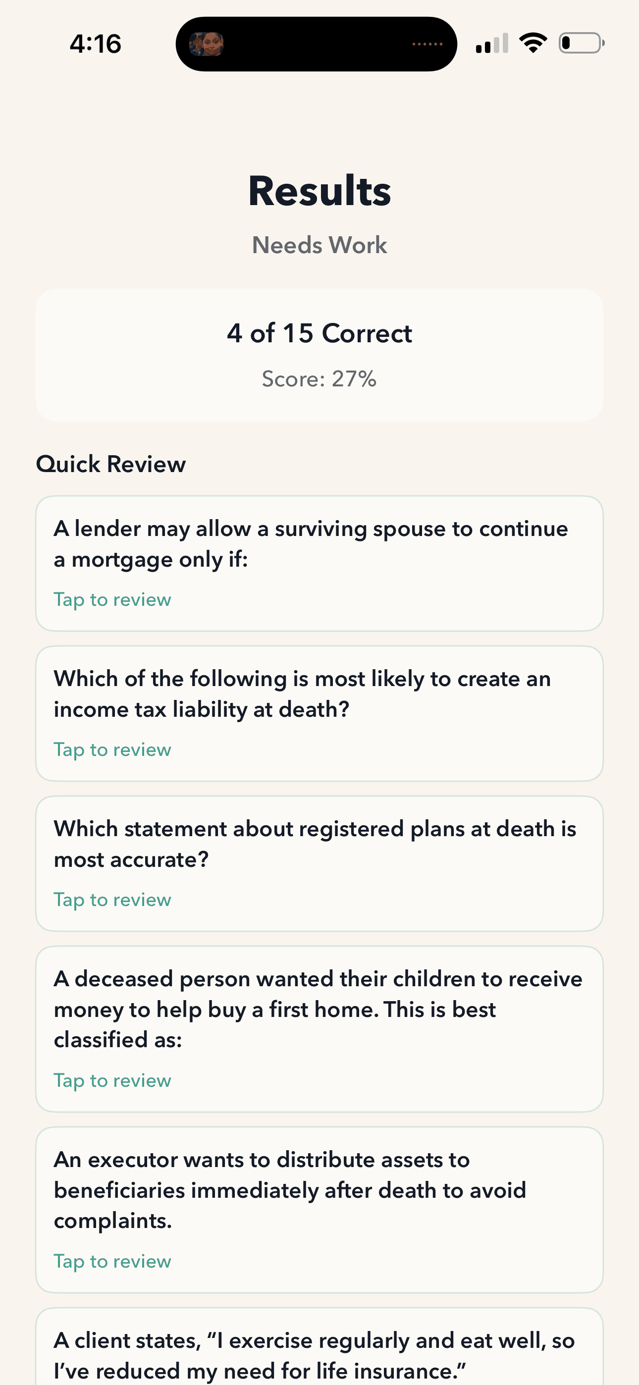 LifeForgePrep app results screen